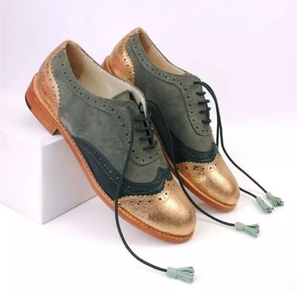 ABO Handmade Shoes - Elegant Gold and Green Women's Brogues
